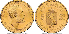 Oscar II gold 20 Kroner (5 Speciedaler) 1874 MS65 NGC, Kongsberg mint, KM348, Fr-15. A radiant Gem offering, standing in parity with four others for t...