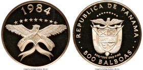 Republic gold Proof "Golden Eagle" 500 Balboas 1984-FM PR69 Ultra Cameo NGC, Franklin mint, KM101, Fr-31. An enchanting obverse design, heightened by ...