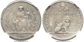 Republic silver Pattern 10 Reales 1867 VF30 NGC, Asuncion mint, KMPn16, Peña-15. Evincing moderate circulation wear, yet a very rare pattern in silver...