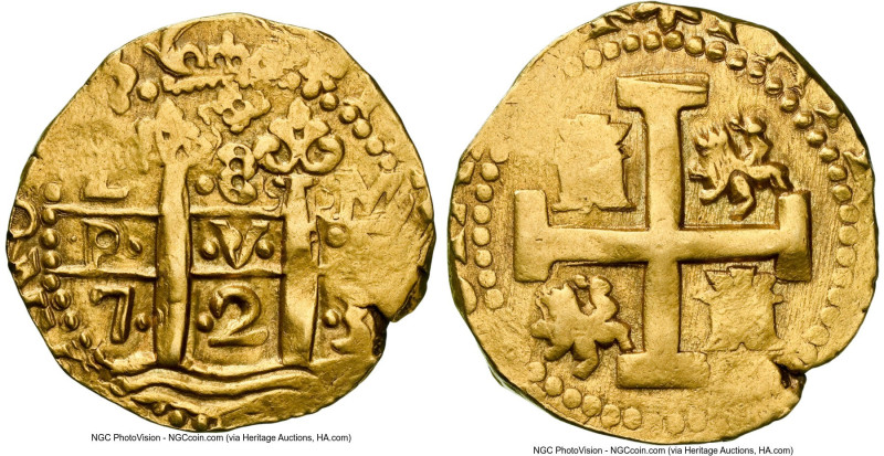Philip V gold Cob 8 Escudos 1723 L-M AU58 NGC, Lima mint, KM38.2 (previously KM3...