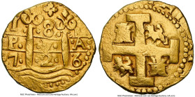 Philip V gold Cob 8 Escudos 1726 L-M AU Details (Tooled) NGC, Lima mint, KM38.2 (previously KM38.1), Cal-2138, Fr-7. 26.86gm. Alternating areas of str...