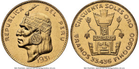 Republic gold "Inca" 50 Soles 1931 MS61 NGC, KM219. Mintage: 5,538. A desirable and scarce issue honoring Peruvian culture. This particular Mint State...