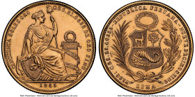 Republic gold 50 Soles 1965 MS67 NGC, Lima mint, KM230, Fr-79. Mintage: 23,000. The Seated Liberty motif is boldly rendered, complemented by amber ton...