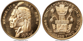 Republic gold "Inca" 50 Soles 1968 MS66+ PCGS, Lima mint, KM219, Fr-77 (Scarce). Lowest mintage of the series at 300. Featuring Incan iconography, the...