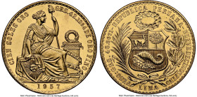 Republic gold 100 Soles 1957 MS65 NGC, Lima mint, KM231, Fr-78. Mintage: 550. An extremely low-mintage Peruvian issue in Gem preservation, putting thi...