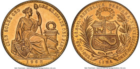Republic gold 100 Soles 1962 MS67 NGC, Lima mint, KM231, Fr-78. Seated Liberty type. A real stunner, graced by velveteen luster and devoid of conseque...