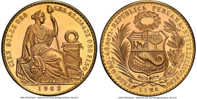 Republic gold 100 Soles 1963 MS66 NGC, Lima mint, KM231, Fr-78. Seated Liberty type. Bright and glossy, embellished by crisply defined devices. HID098...