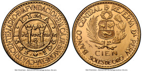 Republic gold "Lima Mint Anniversary" 100 Soles 1965 MS67 NGC, Lima mint, KM243, Fr-83. Mintage: 27,000. Struck in celebration of the 400th anniversar...