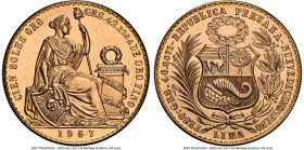 Republic gold 100 Soles 1967 MS66 NGC, Lima mint, KM231, Fr-78. Seated Liberty type. Witnessed here in straw gold, ornamented by a strike commensurate...