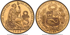 Republic gold 100 Soles 1969 MS66 NGC, Lima mint, KM231, Fr-78. Seated Liberty type. From a mintage of 540, this specimen is pristine enough to have c...