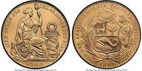 Republic gold 100 Soles 1969 MS65+ NGC, Lima mint, KM231, Fr-78. Mintage: 540. Peach tones, cartwheel luster, and sharp devices make this a lovely exa...