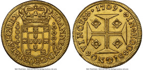 João V gold 4000 Reis 1709 MS61 NGC, Lisbon mint, KM184, Fr-94. One of just a handful graded at NGC, this stunning, orange-infused specimen bears the ...