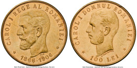 Carol I gold 100 Lei 1906-(b) AU58 NGC, Brussels mint, KM40, Fr-4, Stamb-67. Only 3,000 pieces were struck for this one-year type, produced to commemo...
