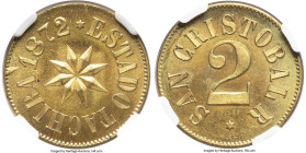 Tachira State brass 2 Reales Token 1872 MS65 NGC, San Cristobal mint, KM-S2 (Rare), Rulau-Tch9. Variety with star below denomination. The rarer of the...