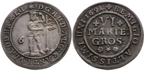 Braunschweig-Wolfenbüttel 
Herzogtum. Rudolph August und Anton Ulrich, 1685-1704
6 Mariengroschen
1691
Zellerfeld

Vs: Wilder Mann stehend von v...