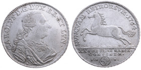 Braunschweig-Wolfenbüttel 
Herzogtum. Karl I., 1735-1780
2/3 Taler
1764
Braunschweig

Vs: Drapiertes Brustbild im Harnisch n. r., Umschrift
Rs:...