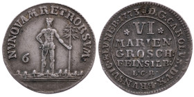 Braunschweig-Wolfenbüttel 
Herzogtum. Karl I., 1735-1780
6 Mariengroschen
1773
Zellerfeld

Vs: Wilder Mann stehend von vorn mit Tanne in der lin...
