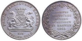 Bremen 
Stadt
Taler
1865
Hannover

auf das II. Deutsche Bundesschießen
Vs: Gekrönter Wappenschild zwischen zwei Löwen, Umschrift: "Freie Hanses...