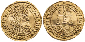 Breslau (Schlesien)
Stadt
Dukat
1630
Vs: Brustbild des Kaisers Ferdinand II. n. r., Umschrift
Rs: Kruzifix, Waage und Monogramm "F III" über Stad...