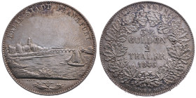 Frankfurt am Main 
Stadt
Doppeltaler
1843

Vs: Stadtansicht, Umschrift: "Freie Stadt Frankfurt", Mmz. Zollmann
Rs: Wert und Jahr in Eichenkranz,...
