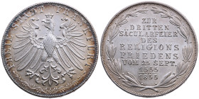 Frankfurt am Main 
Stadt
Doppelgulden
1855

auf das 300j Jubiläum des Augsburger Religionsfriedens
Vs: Gekrönter Adler, Umschrift: "Freie Stadt ...