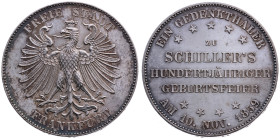 Frankfurt am Main 
Stadt
Vereinstaler
1859

auf den 100. Geburtstag des Friedrich von Schiller (1759-1805)
Vs: Gekrönter Adler, Umschrift: "Frei...
