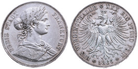 Frankfurt am Main 
Stadt
Vereinstaler
1865

Vs: Brustbild der Francofurtia n. r. mit Eichenkranz, Umschrift: "Freie Stadt Frankfurt", Mmz. A. v. ...