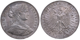 Frankfurt am Main 
Stadt
Vereinsdoppeltaler
1861

Vs: Brustbild der Francofurtia n. r. mit Eichenkranz, Umschrift: "Freie Stadt Frankfurt", Mmz. ...