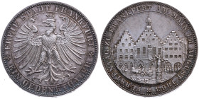 Frankfurt am Main 
Stadt
Vereinstaler
1863

auf den Fürstentag zu Frankfurt
Vs: Gekrönter Adler, Umschrift: "Freie Stadt Frankfurt · Ein Gedenkt...