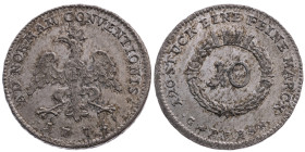 Frankfurt am Main 
Stadt
10 Kreuzer
1776

Vs: Gekrönter Adler, Umschrift
Rs: Wert in Lorbeerkranz, Umschrift

Material: Silber 

Größe: 24.6...