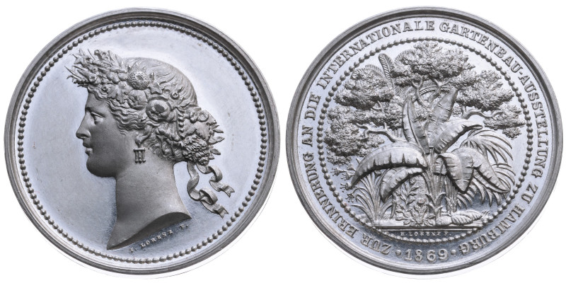 Hamburg 
Stadt
Zinn-Medaille
1869

auf die Internationale Gartenbau-Ausstel...