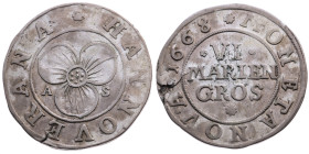 Hannover 
Stadt
6 Mariengroschen
1668

Vs: Dreiblättriges Kleeblatt, Umschrift
Rs: Drei Zeilen Schrift, Umschrift

Material: Silber 

Größe:...