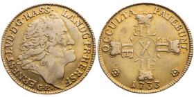 Hessen-Darmstadt 
Landgrafschaft. Ernst Ludwig, 1678-1739
10 Gulden
1733

Vs: Kopf n. r., Umschrift
Rs: Bekröntes Monogramm aus "EL" in Kreuz ge...