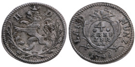 Hessen-Darmstadt 
Landgrafschaft. Ludwig VIII., 1739-1768
4 Kreuzer
1748
Darmstadt

Vs: Löwe n. l. in Eichenkranz
Rs: Kartusche mit vier Zeilen...