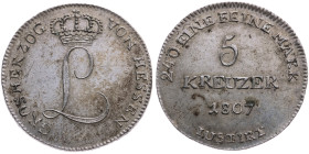 Hessen-Darmstadt 
Großherzogtum. Ludwig I. (X.), 1806-1830
5 Kreuzer
1807
Darmstadt

Vs: Gekröntes Monogramm "L", Umschrift
Rs: Drei Zeilen Wer...
