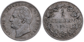 Hessen-Darmstadt 
Großherzogtum. Ludwig II., 1830-1848
1/2 Gulden
1841
Darmstadt

Vs: Kopf n. l., Umschrift
Rs: Drei Zeilen Wert in Eichenkranz...