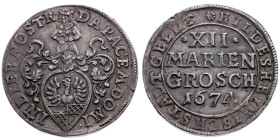 Hildesheim 
Stadt
12 Groschen
1674

Vs: Behelmter Wappenschild, Umschrift
Rs: Wert in vier Zeilen, Umschrift.

Material: Silber 

Größe: 31....