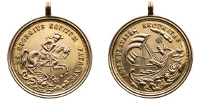 Kremnitz 
Stadt
Gold-Medaille
o. J. (1872-1921)

-
Vs: Der Hl. Georg zu Pferd n. r. bekämpft den Drachen, Umschrift
Rs: Christus im Schiff n. l...