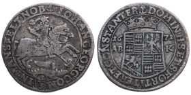 Mansfeld-V.O.L. Eisleben 
Grafschaft. Johann Georg III., 1647-1710
1/3 Taler
1671
Eisleben

Vs: Hl. Georg zu Pferd n. r. bekämpft den Drachen, U...