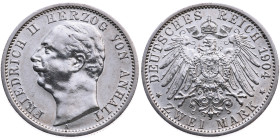 Anhalt 
Herzogtum. Friedrich II., 1904-1918
2 Mark
1904
Berlin Mzz. A

Vs: Kopf des Herzogs Friedrich I. nach rechts, unten Münzstättenbuchstabe...