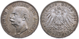Anhalt 
Herzogtum. Friedrich II., 1904-1918
3 Mark
1909
Berlin Mzz. A

Vs: Kopf des Herzogs Friedrich I. nach rechts, unten Münzstättenbuchstabe...