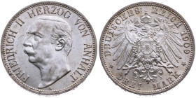 Anhalt 
Herzogtum. Friedrich II., 1904-1918
3 Mark
1909
Berlin Mzz. A

Vs: Kopf des Herzogs Friedrich I. nach rechts, unten Münzstättenbuchstabe...