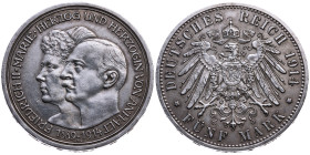 Anhalt 
Herzogtum. Friedrich II., 1904-1918
5 Mark
1914
Berlin Mzz. A

Silberne Hochzeit des Herzogs Friedrich II.
Vs: Gestaffelte Köpfe des He...