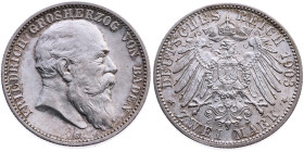 Baden 
Großherzogtum. Friedrich I., 1856-1907
2 Mark
1903
Karlsruhe Mzz. G

Vs: Kopf des Großherzogs Friedrich I. nach rechts, unten Münzstätten...