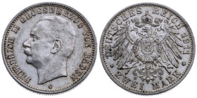 Baden 
Großherzogtum. Friedrich II., 1907-1918
2 Mark
1911
Karlsruhe Mzz. G

Vs: Kopf des Großherzogs Friedrich II. nach links, unten Münzstätte...