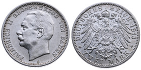Baden 
Großherzogtum. Friedrich II., 1907-1918
2 Mark
1913
Karlsruhe Mzz. G

Vs: Kopf des Großherzogs Friedrich II. nach links, unten Münzstätte...