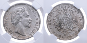 Bayern 
Königreich. Ludwig II., 1864-1886
2 Mark
1876
München Mzz. D

Vs: Kopf des Königs Ludwig II. nach rechts, unten Münzstättenbuchstabe, Um...