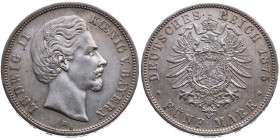 Bayern 
Königreich. Ludwig II., 1864-1886
5 Mark
1875
München Mzz. D

Vs: Kopf des Königs Ludwig II. nach rechts, unten Münzstättenbuchstabe, Um...