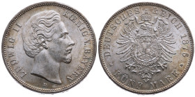 Bayern 
Königreich. Ludwig II., 1864-1886
5 Mark
1876
München Mzz. D

Vs: Kopf des Königs Ludwig II. nach rechts, unten Münzstättenbuchstabe, Um...