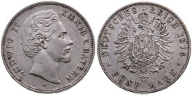 Bayern 
Königreich. Ludwig II., 1864-1886
5 Mark
1876
München Mzz. D

Vs: Kopf des Königs Ludwig II. nach rechts, unten Münzstättenbuchstabe, Um...